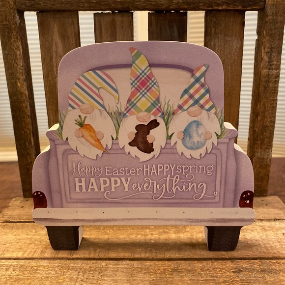Easter Gnomes In A Purple Vintage Farmhouse Truck Happy Easter Wood Sign - Picture 12 of 15
